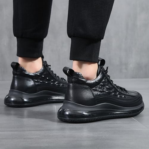 Men's Crocodile Print Leather Sneakers Casual Air Elastic Waterproof Height Lifting Comfortable Shoes High Top Sneakers (Black,8.5)4