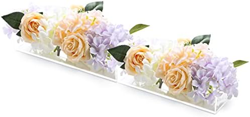 GKOKG 2 Pieces Acrylic Flower Vase Rectangular, Clear Rectangular Floral Centerpiece for Dining Table, Total 24 Inches Long Acrylic Vases for Home Decor Wedding(24 Holes)