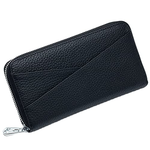 Women's Leather Wallet RFID Blocking Long Clutch Card Holder Organizer Zip Around Purse, Black, One Size