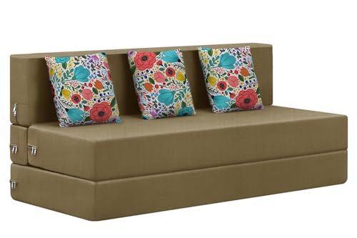 Image of Rosebell-5x6-Feet Modern Sofa Bed, Space-Saving Folding Couch with Jute Fabric, Dual Floral Accent Cushions, Compact Sleeper Sofa for Living Room, Guest Room & Small Apartments-Golden