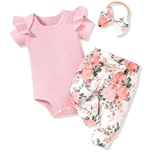 Image of Aalizzwell Baby Girls Ribbed Bodysuit Pants Outfits Spring Summer Clothes