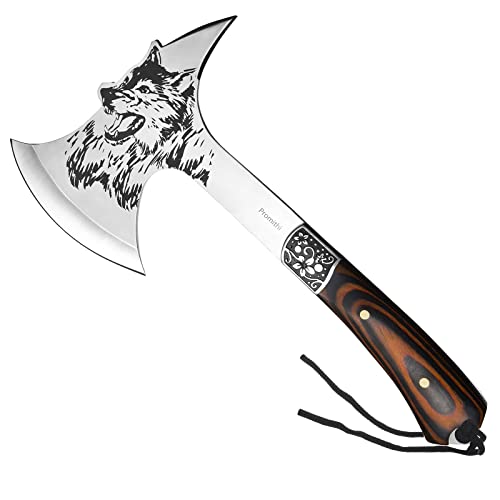 19. Promithi Camping Hatchet with Nylon Sheath, Axe Etched Wolf Head Stainless Steel with Wooden Grip