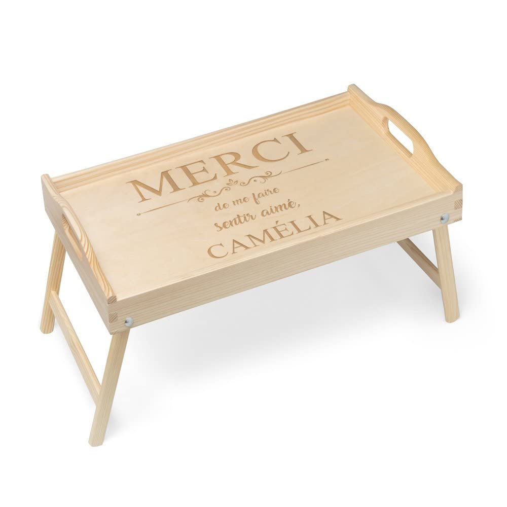 Maverton Table Pliante de lit - Table en Bois de pin - Table Pliante à Manger avec Gravure - Cadeau d’Anniversaire pour Femme - Plateau Petit déjeuner pour Elle - Merci