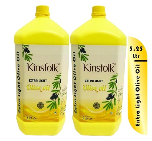 Image of Kinsfolk Extra Light Olive Oil | Cooking Oil For Frying, Baking, Roasting, Dressings, Salads, Soups, Dips & Marinades | Mild Flavor | 5 Ltr Each | Pack Of 2 + 500 ml Bottle Golden | 5 Ltr (Pack Of 2)