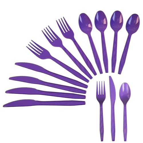 Sveikie 240 Pcs Disposable Purple Plastic Silverware Set, Including Purple Party Forks, Knives And Spoons 80 Pieces Each