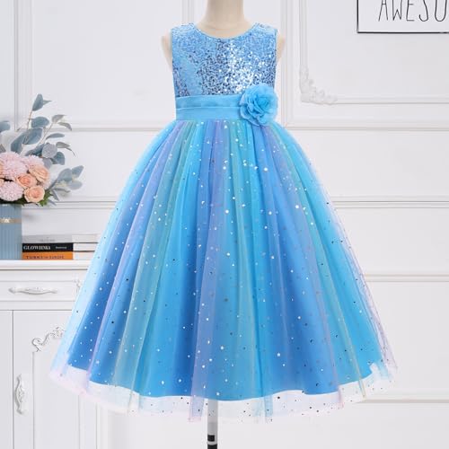 IDOPIP Girls Sequin Dress Sparkly Party Formal Pageant Birthday Wedding Flower Girl Dresses Sleeveless Rainbow Tulle Gowns3