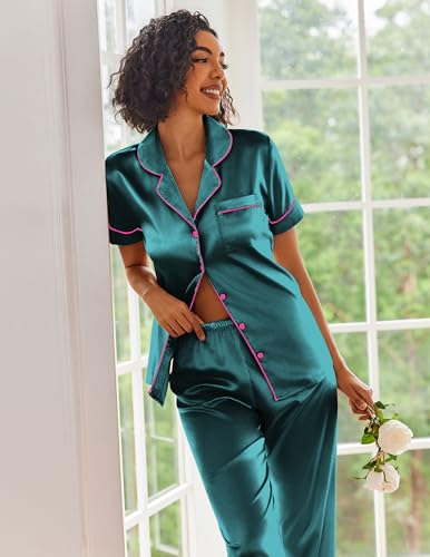 Image of Ekouaer Silk Satin Pajamas Set Women Short Sleeve Sleepwear Soft Button Down Loungewear Pjs Set Green Pink