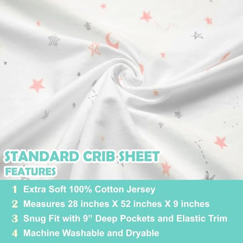Image of American Baby Company Cotton Fitted Crib Sheet 52x28 inch, Pink Stars and Moons | 100% Natural Cotton Crib and Toddler Bed Sheets, Soft, Breathable & Hypoallergenic, Gentle on Skin, Neutral for Boys & Girls