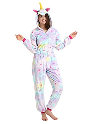 Kenmont Licorne Pyjama Adulte Animal Pyjamas Anime Déguisement Combinaison Costume Halloween Capuche Tenues Noël Fête Vêtements (Taille S: 148-160CM, étoiles)