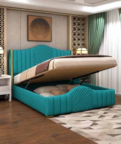 Image of Aesthetic crafts Hydraulic Bed King Size with Storage, Sheesham Wood Upholstered Wooden Double Bed, King Size Bed with Hydraulic Storage, Modern Platform Cot for Bedroom & Hotels, 6.5 x 6 Ft, S.Blue