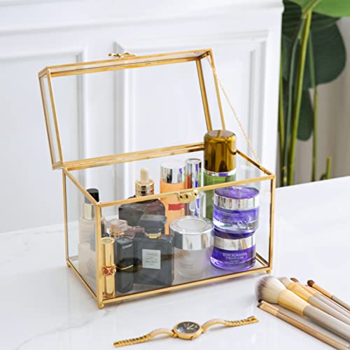 Large 10“ Geometric Terrarium Gold Brass Glass Card Box Vintage Rectangle Shape With Foot, Perfect For Centerpiece Decor Wedding Receptions Planter Holder Gift & Display Box Keepsake Centerpiece #TOP2