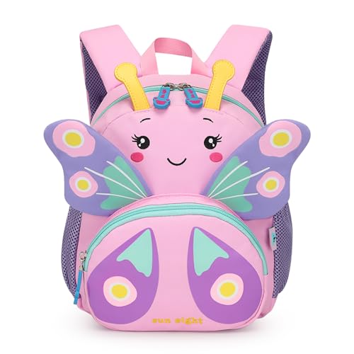 PROTAURI Rucksack Kinder für Mädchen, Kindergartenrucksack mit Brustgurt Kita Rucksack mit Reflektierend Wasserabweisend und Leicht Karikatur Tier Reise Tasche für 2-6 Jahre(Schmetterling)