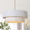 LamQee 20” Modern Drum Chandelier, 2-Tier Semi-Flush Mount Pendant Light Fixtures, 3-Light Hang Ceiling Lamp Hallway Lights Fixture with White Fabric Lampshades