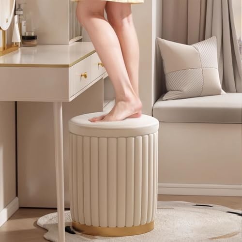 Pouf de rangement rond en velours rose avec base dorée chic - 5