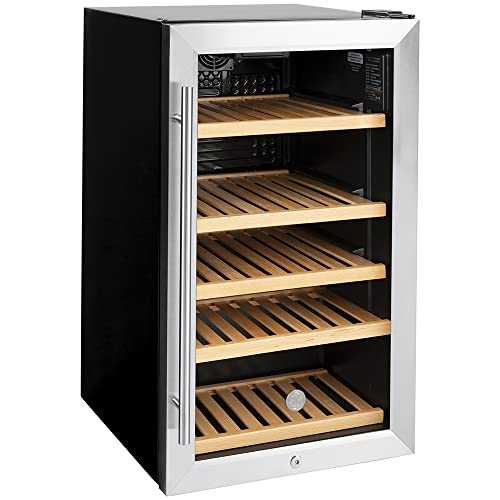 Image of GE Wine Cooler & Beverage Refrigerator | Mini Fridge With Lock & Key Included | Complete With Oak Shelving, Glass Exterior & Warm Interior Lighting | Fits 109 Cans or 31 Wine Bottles | Stainless Steel