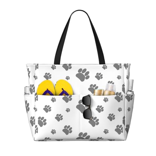 Sac de plage empreinte de patte chien et chat grand sac fourre-tout gris femme