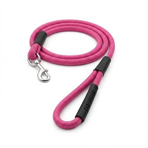 Image of Dog Leash for Large Dogs & Medium Dogs 5 Feet - Heavy Duty Nylon Rope 15mm Thick Leash with Anti Slip Rubber Handle - Tangle Free & Swivel Metal Clip (Pink)