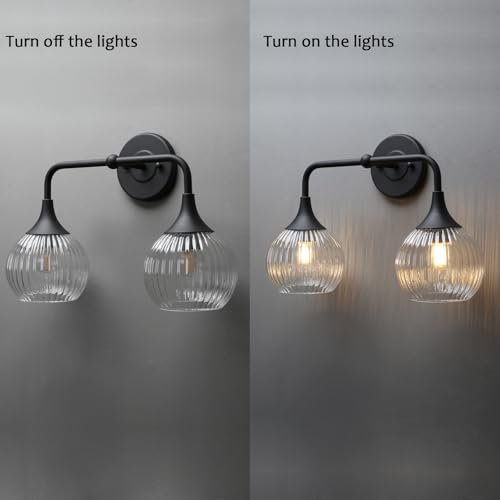 Image of PERMO Vintage Vanity Light Antique 2 Lights Sconce with Clear Ribbed Globe Glass Shade Matte Black Double Sconces for Bathroom Mirror Living Room