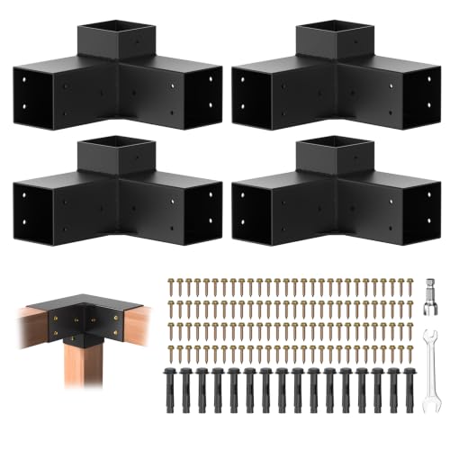 Image of Pergola Brackets, 3-Way Pergola Kit for 4 inchx 4 inch (Actual 3.5 inch X 3.5 inch) | Heavy Duty, Durable & Weather-Resistant Construction, Right Angle Corner Bracket with Black Powder Coated (4Pcs 3-Way)