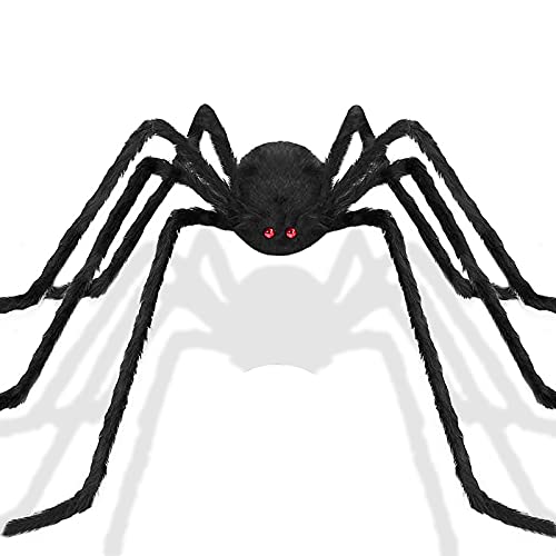 JOTELEMO Halloween araignée géante 125cm avec Toile d'araignée de 10 mètre carré, Araignée poilue géante Noire aux Yeux Rouges décoration Parfaite d'halloween intérieur extérieur décor Cover