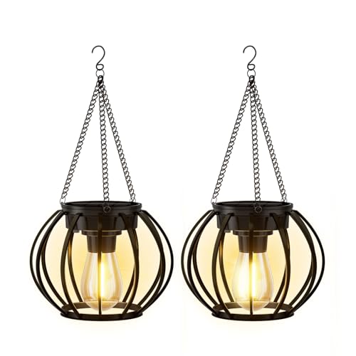 Lampe Solaire Exterieur Suspendue, Lanterne Solaire Exterieur Métal avec Chaîne et Crochet, IP65 Étanche Lanterne Ronde Decorative à Suspendre pour...