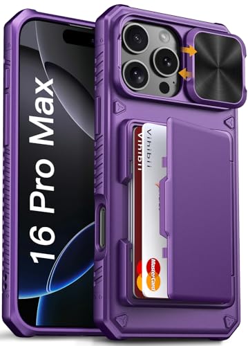 Image of Vihibii for iPhone 16 Pro Max Case Wallet with Card Holder (4 Cards) [RFID Blocking] & Slide Camera Cover, Military Grade Drop Protection, Hard Back & Silicone Edge Phone Case 6.9 inch 2024, Dark Purple