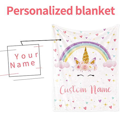 Image of Personalized Name Horse Blanket for Kid Girl Custom Rainbow Toddler Blanket