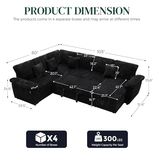 Image of Sectional Sleeper Sofa with Pull Out Bed and Storage Chaise, Fluffy Soft Corduroy Fabric, Modern Comfy U Shaped Couch with USB Charger for Living Room Apartment Small Spaces, Black