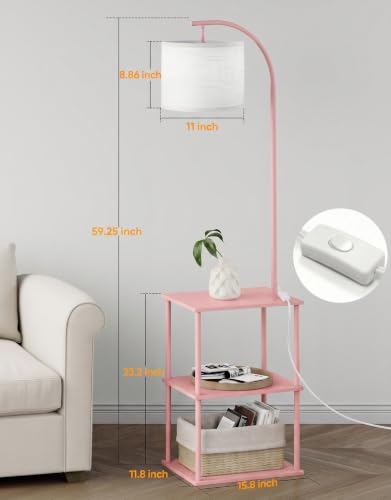 Image of PARTPHONER Floor Lamp with Table, Night Stand with Lamp, Narrow Side Table with 3CCT LED Bulb, Small Coffee Table, Modern End Table with Storage Shelves for Living Room Bedroom Home Decor Pink