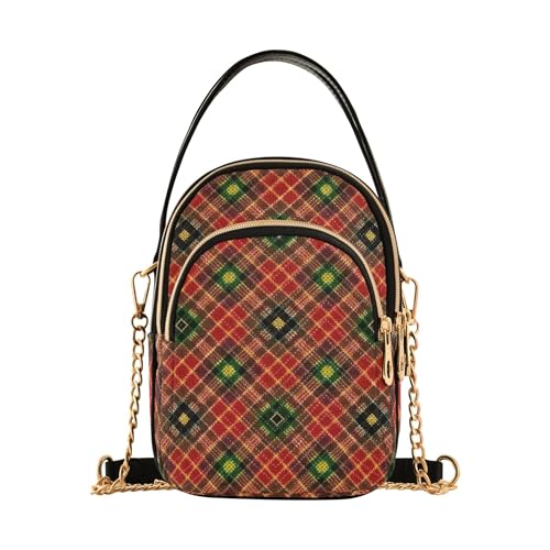 Women Shoulder Purses Artistic Chain Strap Cell Phone Purse Quilted Zipper Satchel Crossbody Tote Traditional Red Plaid Green Gold