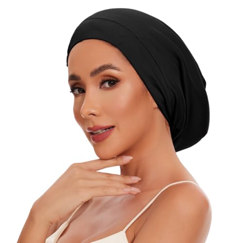 Bonnet de nuit en soie de mûrier réglable noir pour cheveux longs