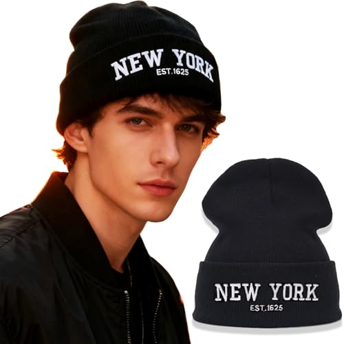 viofre Beanie for Men Embroidery New-York Black Knit Beanie Hat for Men Women Winter Warm Hat Cool Cuffed Knitted Beanies Mens Women Chemo Beanies Cap Headwear Football Accessories Unisex