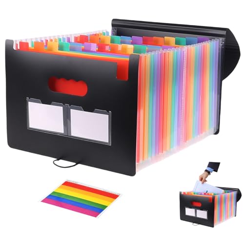 Pasta Sanfonada Organizadora A4 com 25 Bolsos e Divisórias - Pasta Dobrável para Documentos, Recibos Fiscais e Contas Mensais - Inclui Etiquetas em Branco (Colorido)