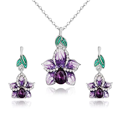 Clearine Juegos e Joyas de Mujer Collar con Colgante de Orquídea de Cristal Austriaco Conjunto de Pendientes de Diamantes de Imitación de Lágrima Esmaltada,Color Violeta Plata-Tono