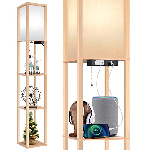 Outon Floor Lamp With Shelves, Led Modern Shelf Floor Lamp With 2 Usb Ports & Power Outlet, 3 Color Temperature, Storage Display Wood Column Standing Tall Lamp For Living Room, Bedroom, Office, Wood #TOP4