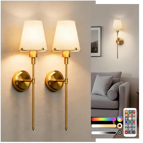 Image of DORESshop Gold Battery Operated Wall Sconce Set of Two, Rechargeable Wall Sconce with Remote, 15 Colors, Wireless Sconces Set of 2 for Bedroom Living Room, 24.6in, Includes Daily & 3 Shade