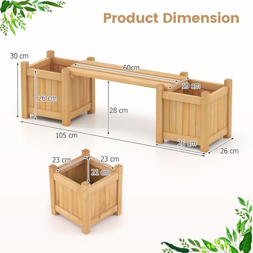 TANGZON Wood Planter Box with Bench, Raised Garden Bed with Seat & Open-ended Base, Outdoor Flower Planter Kit Patio Decor Bench for Garden Yard Balcon (Natural,2 Planter Box, 105 x 26 x 30 cm) - Image 4