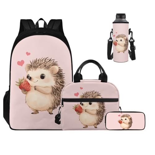 Strawberry Hedgehog Backpack Set with Lunch Box, Water Bottle Pouch, and Pencil Case for Boys & Girls, 1St Grade Large Bag Junior High School Toddler Adjustable Bookbag for Children's Day