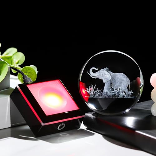 Image of Arikyrist 3D Crystal Ball Elephant Figurine with Colorful Light Base, Laser Elephant Gifts for Women Men, Glass Elephants Statue Decorative Ball for Home Office (80mm)