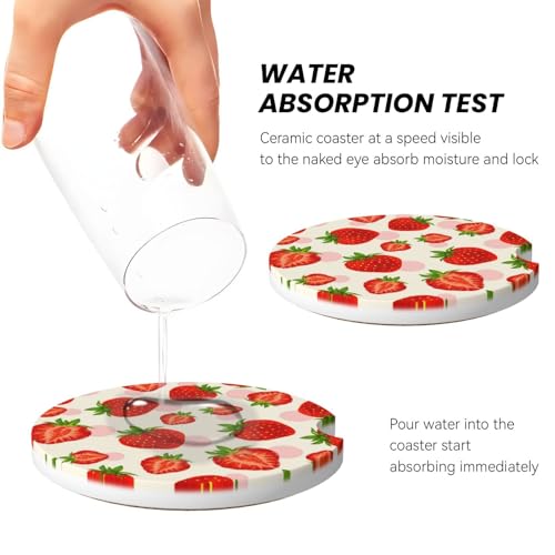 Image of Strawberry Car Coasters for Cup Holder - Absorbent Ceramic 2 Pack With Anti-Slip Cork Base and Finger Notch - Interior Accessories for Women Men 2.56 inch