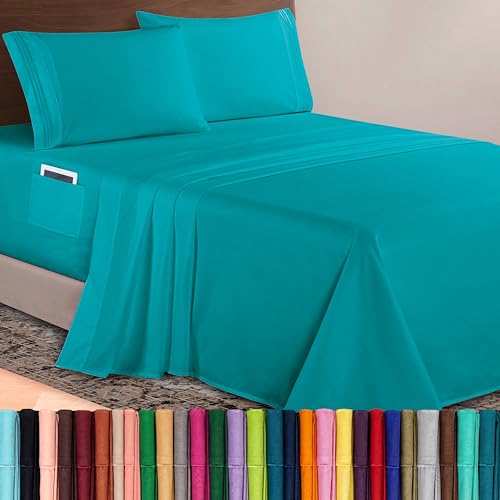 Image of Elegant Comfort Luxurious 1500 Premium Hotel Quality Microfiber 4-Piece Sheet Set, 18-24 Inches Deep - Extra Deep Pocket Sheets - Ultra Soft 4PC Deep Pocket Sheets, California King, Turquoise