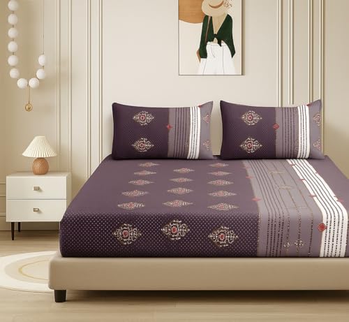 Image of 300 Tc Cotton Feel Glace Cotton Elastic Floral Fitted Bedsheets Queen Size 78 X 60 Inches||1 Elastic Bedsheet Queen Size Cotton&2 Pillow Covers(Vegas),Grey