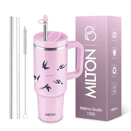 Image of MILTON Malmo 1200 Thermosteel Double Wall Vacuum Insulated Stainless Steel Tumbler with Handle 1100ml, Travel Mug with Straw,Silicon Cap,Cleaning Brush,Hot & Cold Beverage Flask,Birds Pink