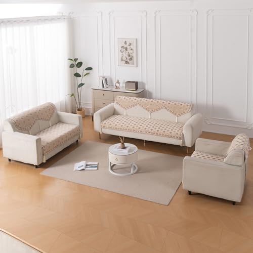 Image of HOKIPO 'Heritage Weave' Premium Jacquard Sofa Cover 6 Seater Set with Tassels - Washable 3+2+1 Sofa Panel for Seat & Back | Sandy Beige (IN-831-830-829 + IN-859-858-857-BGE)