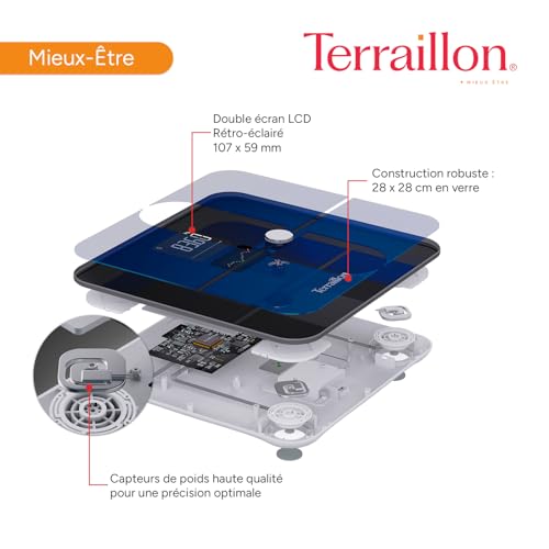 TERRAILLON - COLOR CONNECT - Balance connectée Bluetooth, Fréquence cardiaque, Masses:graisseuse-musculaire-hydrique-osseuse, IMC, Capacité 180 kg, Graduation 50g, Ecran Multi affichage Couleur, Bleu – Image 6