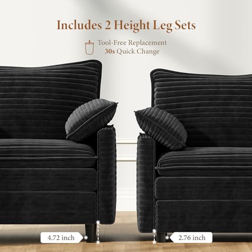 Image of Vesgantti 74 inch Loveseat Sofa for Living Room, Comfy Cloud Couch Deep Seat Corduroy Modern 2 Seater Small Sofa with Armrest Pillow, Easy Assembly for Small Spaces, Black