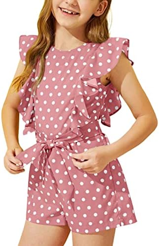 DOBULO Girls Ruffle Sleeveless Jumpsuit Swiss Dots Loose Summer Short Romper with Belt