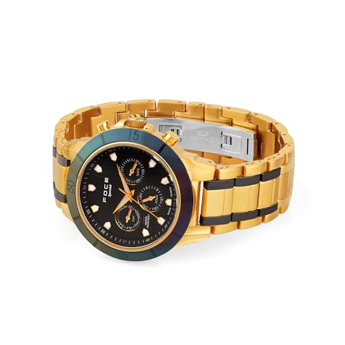 Image of Foce Men's Black & Gold Ceramic Watch - Stylish Dual-Tone Case, Black Dial with 3 Subdials (Day, Date, 24-Hour) - Model F946GGM-BLACK