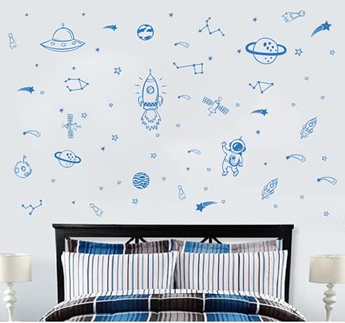 Wall Decor for Boys Room Art Outer Space Star Rockets Planets Stickers Removable Space Wall Decal for Children Bedroom Decoration (Azure Blue)