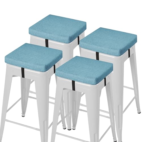 Image of AddGrace Anti-Slip Bar Stool Cushions Square Bar Stool Seat Cushions with Ties Set of 4 Small Square Chair Pads with Machine Washable Cover 12 inchX12 inchX2 inch (Light Blue)